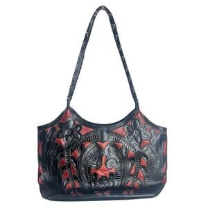 Hand-Tooled Floral Leather Shoulder Bag in Black & Red